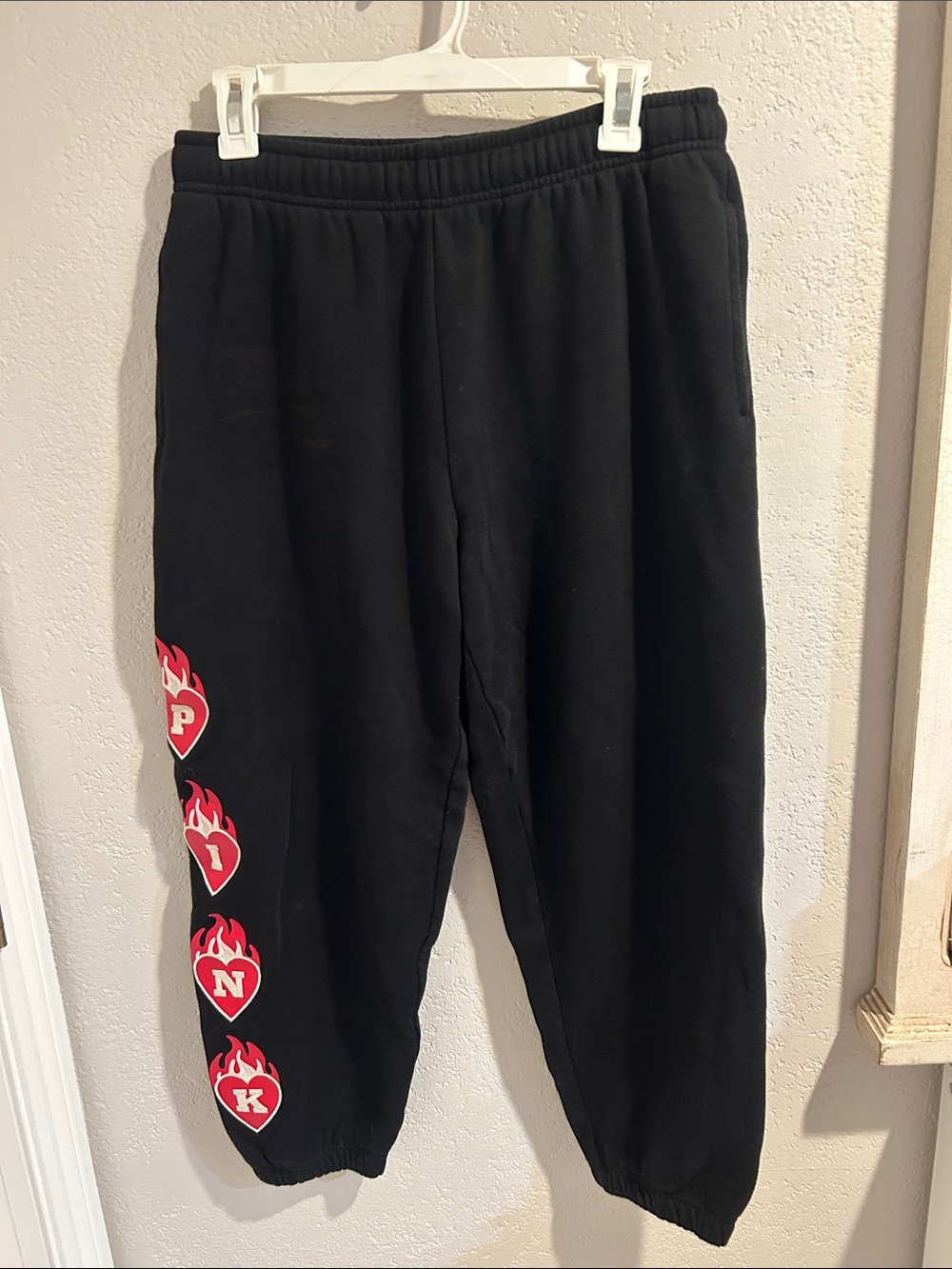 PINK Valentine Collection Black Sweatpants with Red Flame Heart Graph